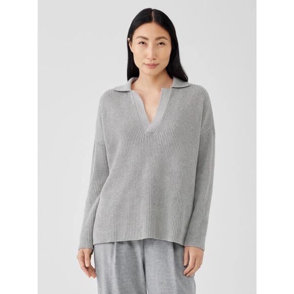 Eileen Fisher Organic Cotton Cashmere Sweater Size Medium Ribbed Knit Gray Boxy - Picture 1 of 16